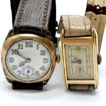 2 x Rolled gold cased vintage Gents manual wind wristwatches - cushion shaped 30mm & runs ~ both for