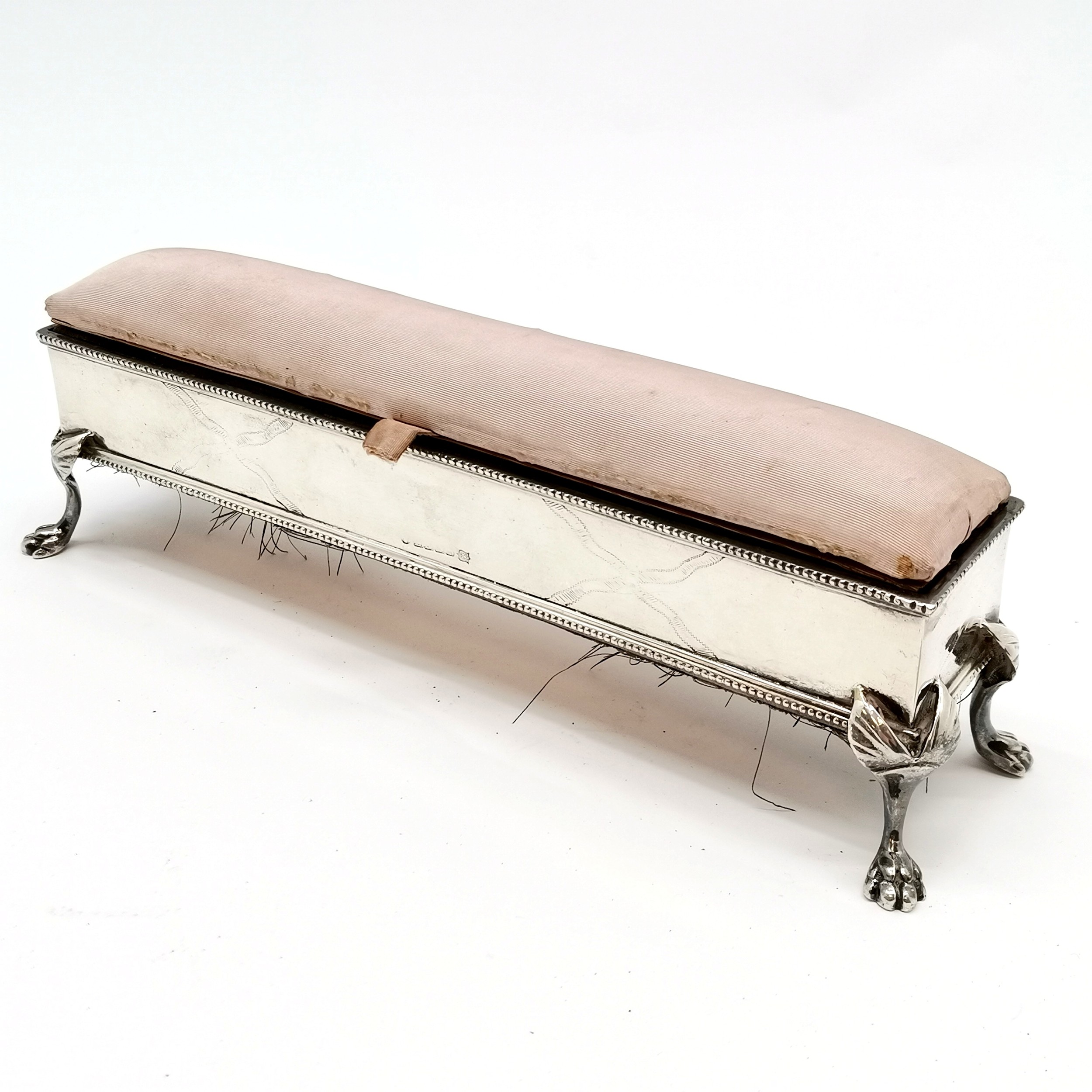 Unusual antique silver plated jewellery box on 4 paw legs with original fabric interior - 26.5cm x - Image 5 of 5
