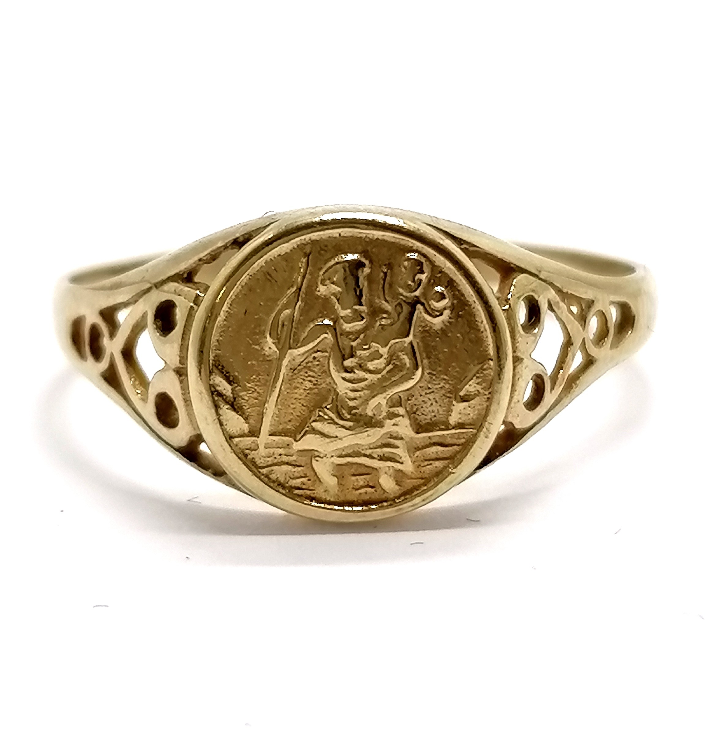 9ct hallmarked gold signet ring with St Christopher detail - size W½ & 2g