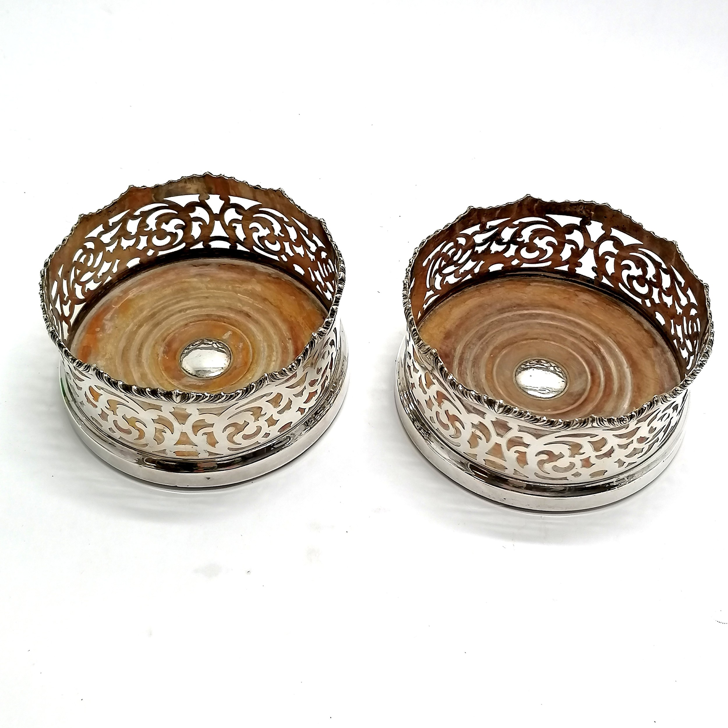 Pair of antique bottle coasters with turned wooden bases and high pierced gallery detail - 14cm - Image 3 of 5