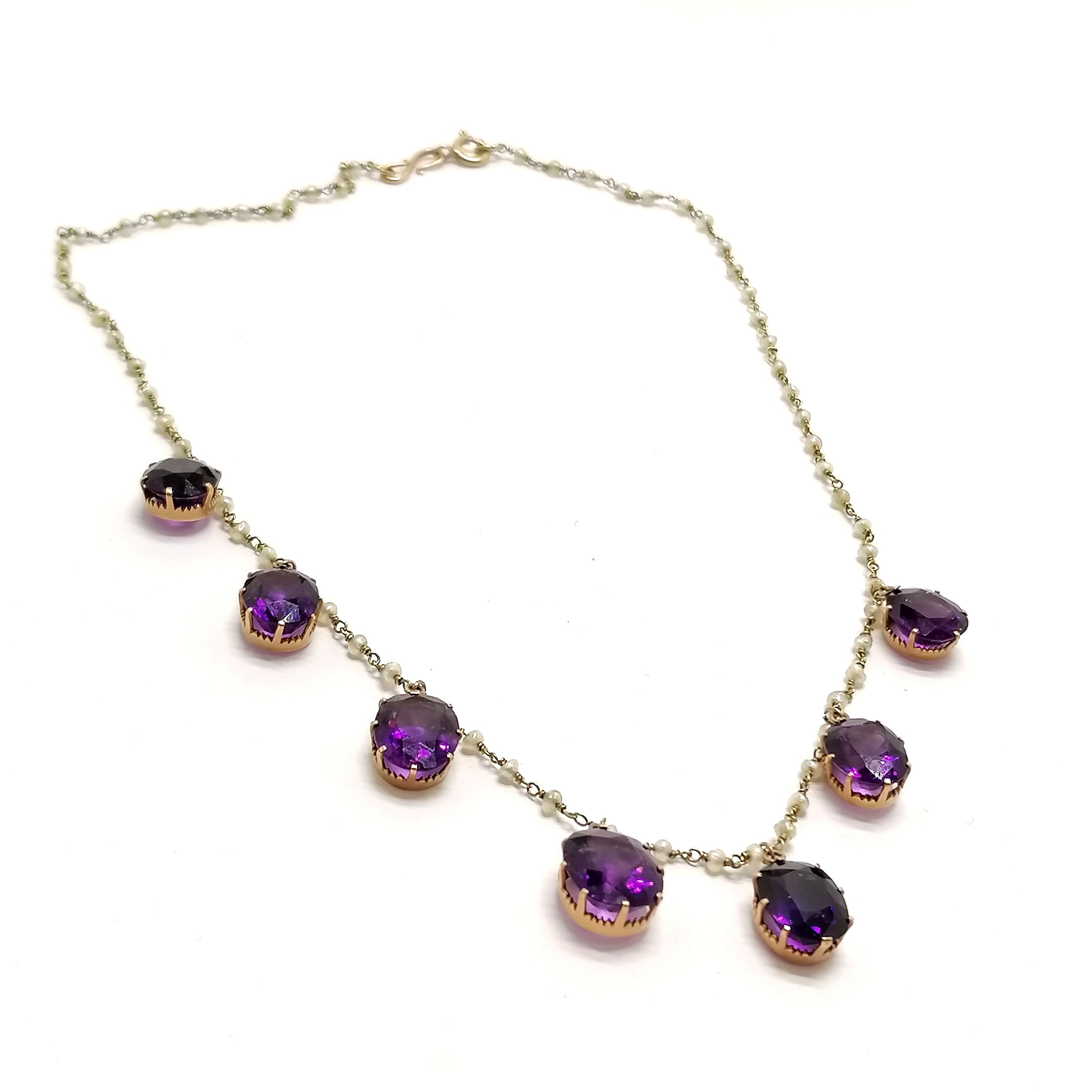 Antique unmarked gold seed pearl / amethyst stone set necklace - 39cm & 9.9g total weight in an - Image 5 of 8