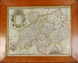 Antique maple framed hand tinted map of Northamptonshire / Bedfordshire by Christopher Saxton -