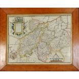 Antique maple framed hand tinted map of Northamptonshire / Bedfordshire by Christopher Saxton -