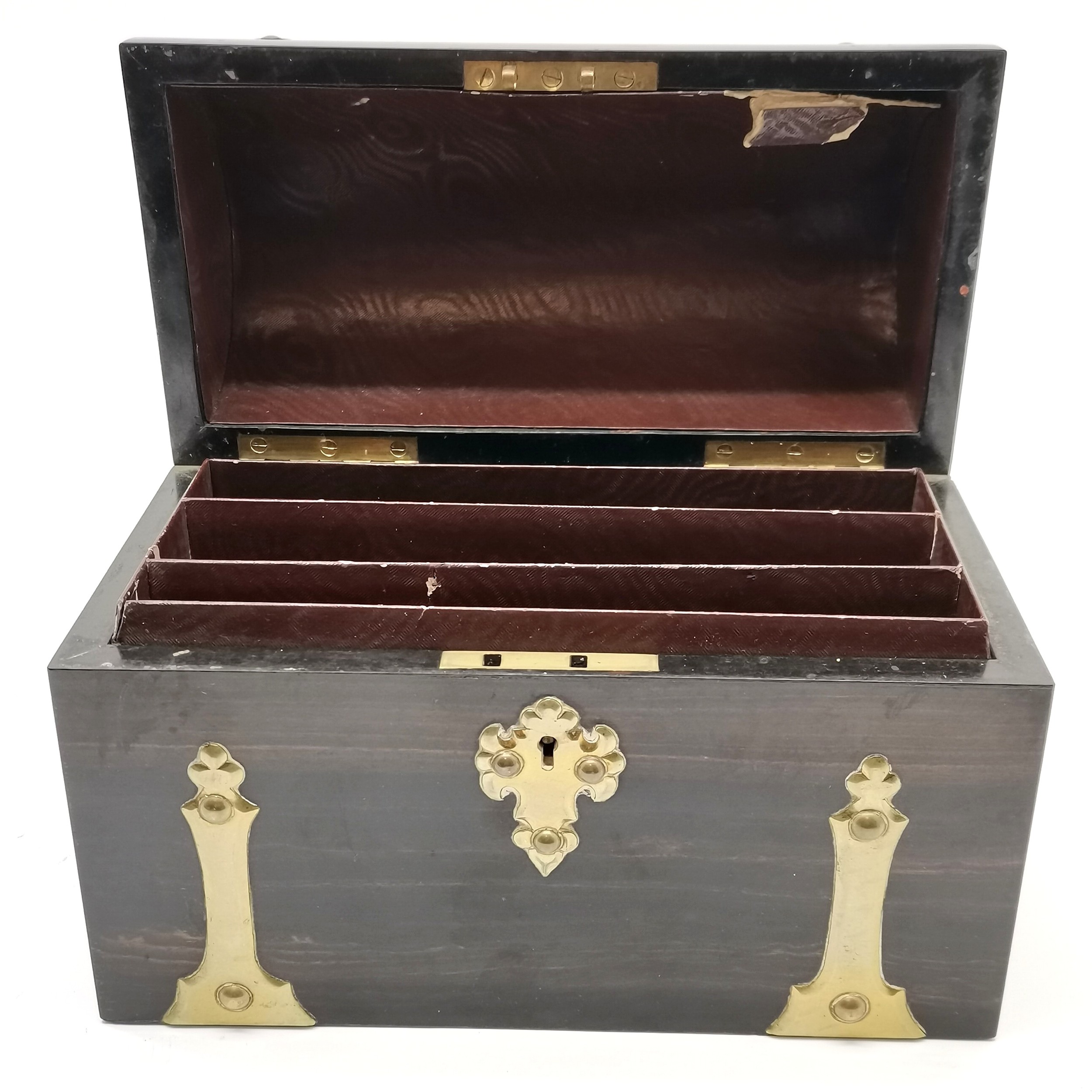 Antique coromandel wooden domed lidded stationery box with brass mounts - 22cm across x 16cm high - Image 2 of 5
