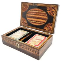 Antique Tunbridge wear cribbage games box with profuse decoration and cribbage board top - 17cm x