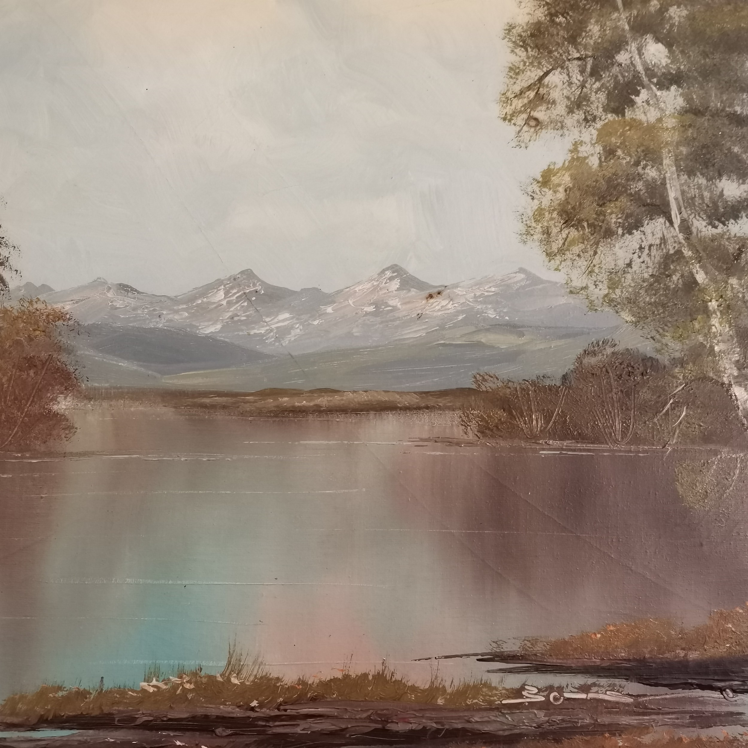 Oil painting on canvas of a lake / trees / mountains with label on reverse identifying artist as - Image 2 of 3