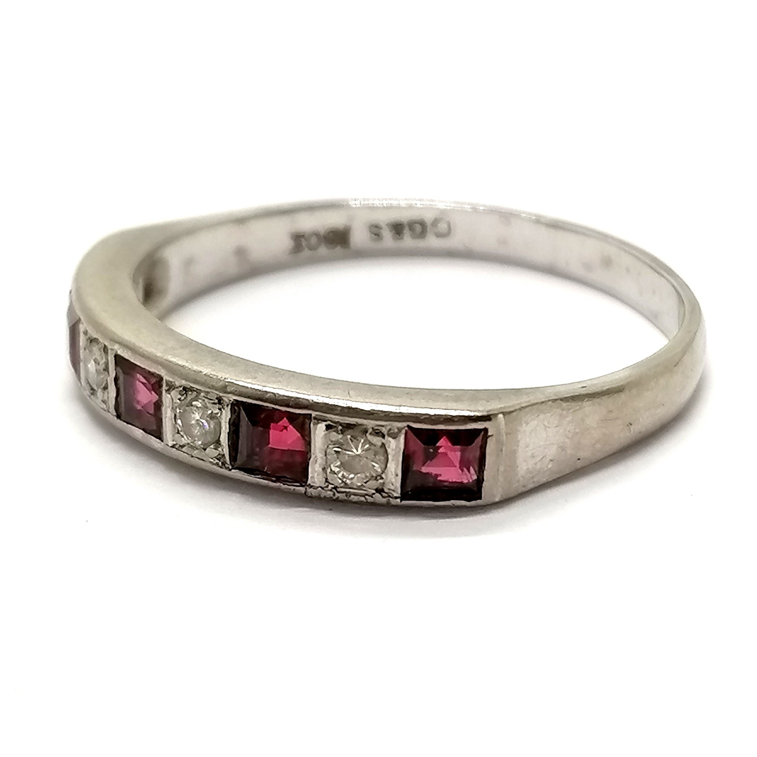 18ct marked white gold ruby / diamond half eternity ring - size V & 4.4g total weight - Image 3 of 3