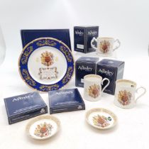 Aynsley commemorative Charles and Camilla wedding Plate, 2 pin dishes and 3 mugs all in original