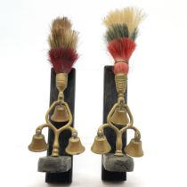 Pair of antique horse terret 3 bell horse decorations with orignal plumes on wooden mount - 34cm