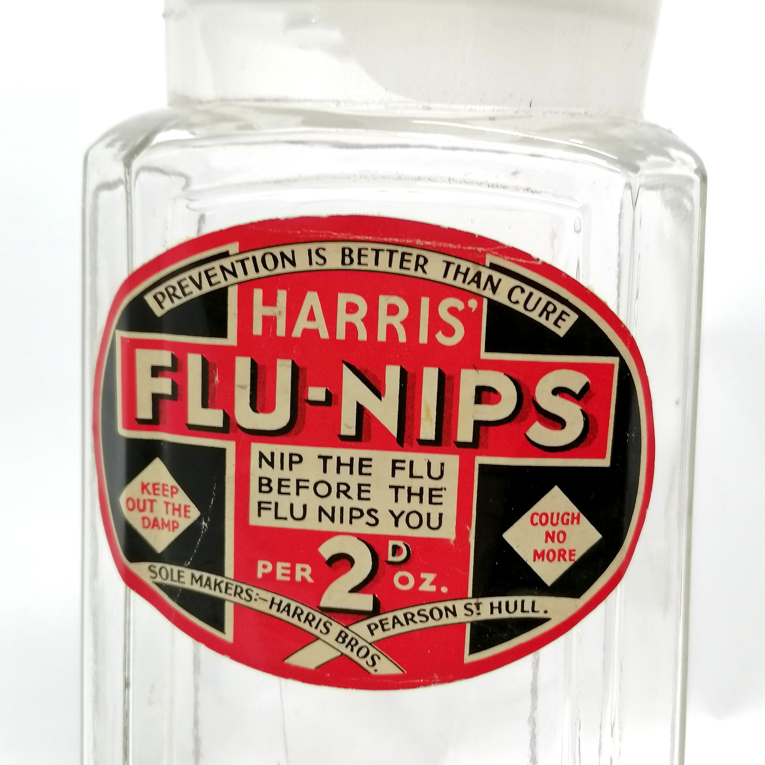 Harris' Flu-nips large glass sweets jar with original bung - 37cm high & small chip to rim otherwise - Image 5 of 6