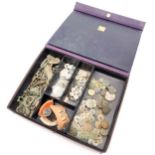 Box containing metal detecting finds inc bronze buckles, antique buttons, pottery shards, toothed