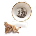 Antique dish with hand painted detail of child with dog playing with a doll (12.5cm diameter & has