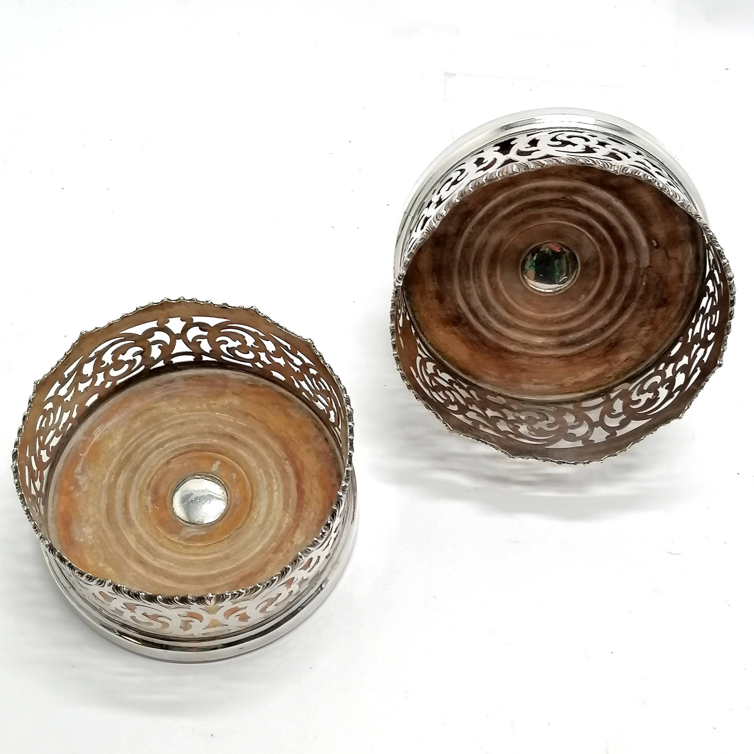 Pair of antique bottle coasters with turned wooden bases and high pierced gallery detail - 14cm - Image 5 of 5