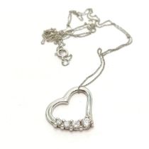 9ct hallmarked white gold heart pendant set with white stones on a 9ct marked white gold 44cm fine