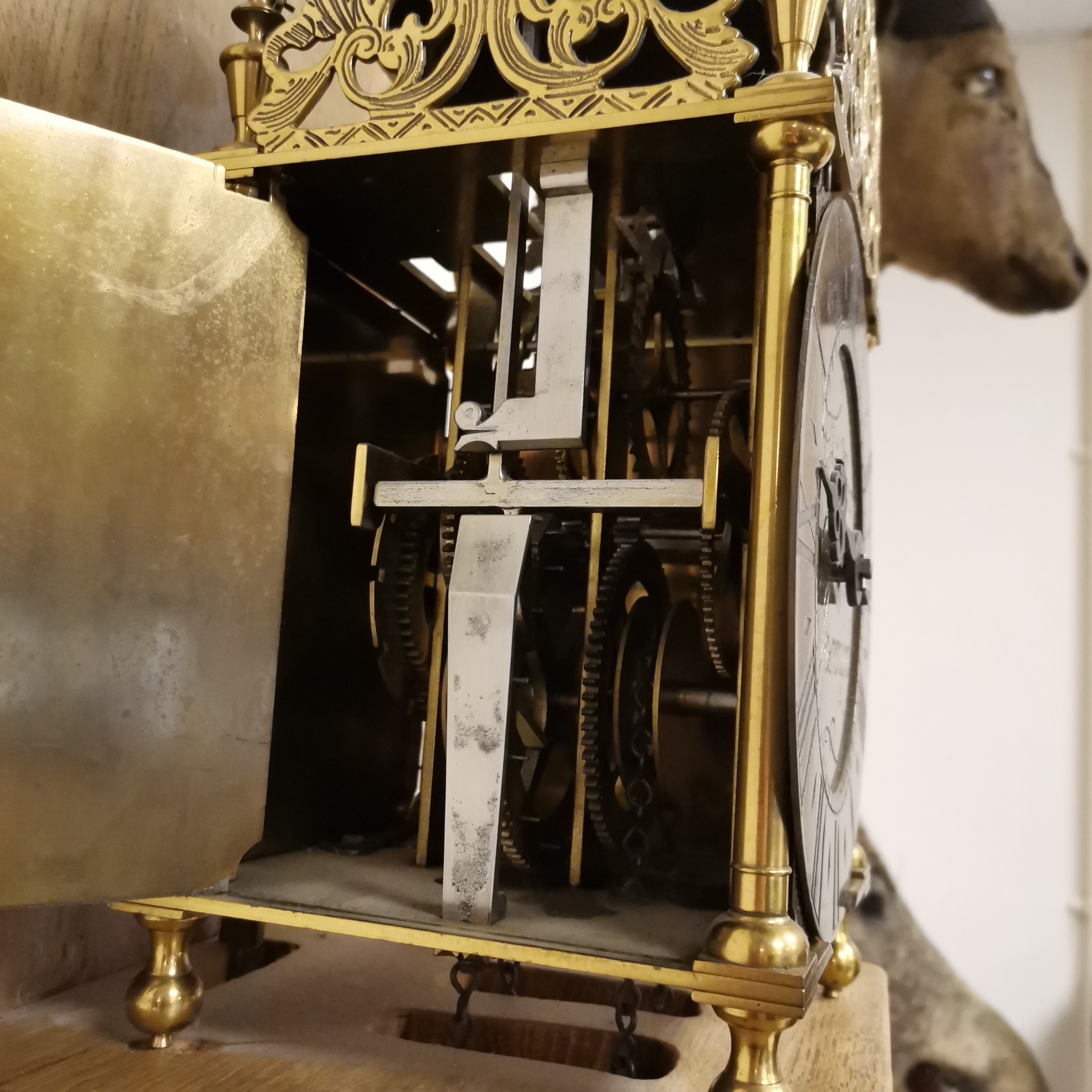 17th century style brass lantern bracket clock inscribed Thomas Moore, Ipswich on an oak wooden - Image 5 of 6