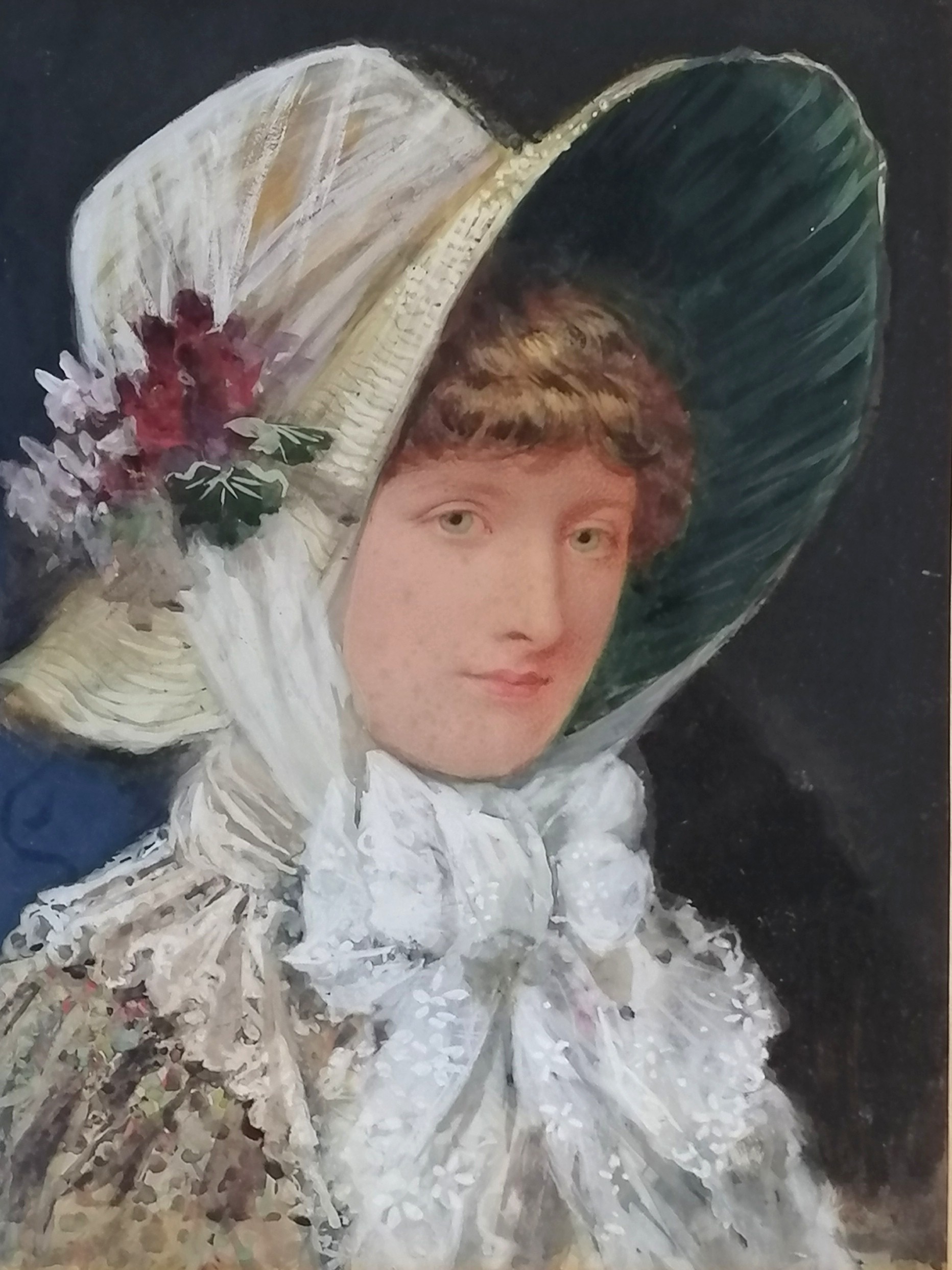 Augustus Jules Bouvier (1827-81) watercolour of a lady wearing a bonnet - frame 60cm x 47cm ~ has