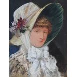 Augustus Jules Bouvier (1827-81) watercolour of a lady wearing a bonnet - frame 60cm x 47cm ~ has