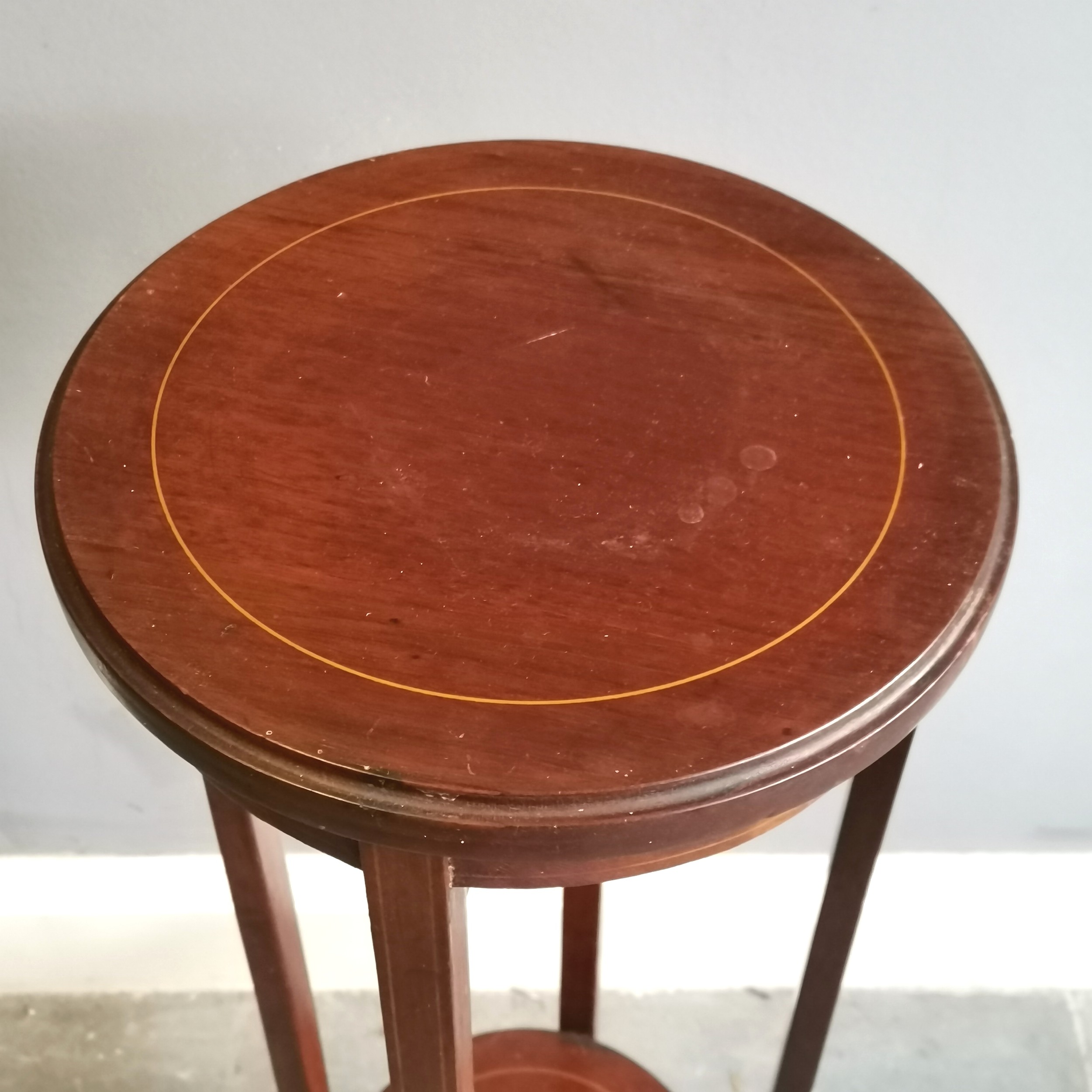 Edwardian 2 tier mahogany and satinwood string inlay circular plant stand on splayed supports, - Image 3 of 3