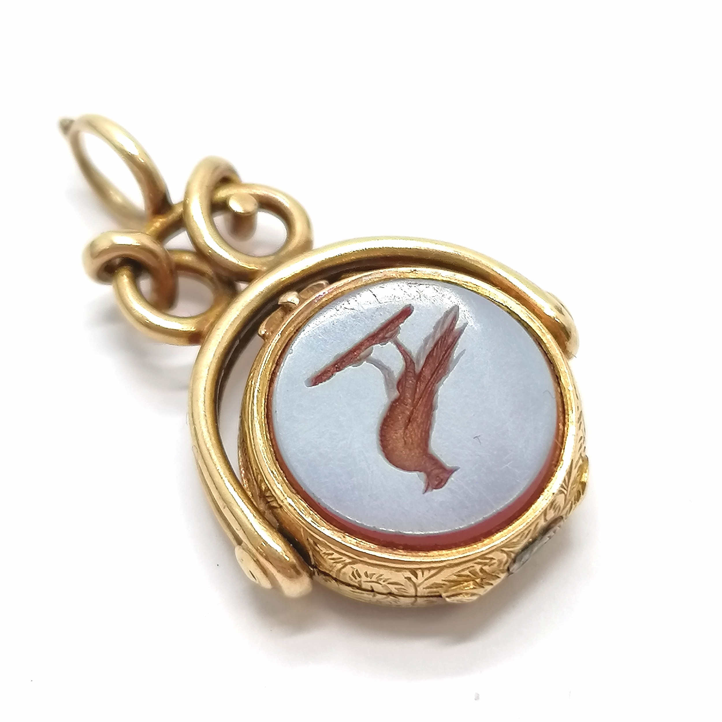 Unmarked antique gold (touch tests as higher carat) RARE swivel fob locket with sardonyx and - Image 5 of 5