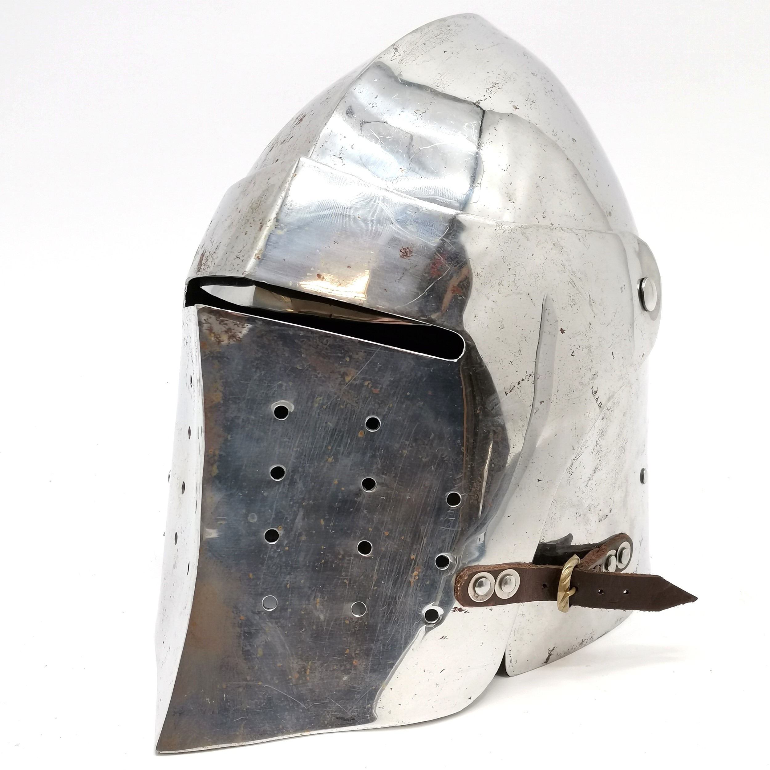 15th Century visored bascinet re-enactment armour helmet, 2.5mm steel, leather straps - 28cm - Image 3 of 5