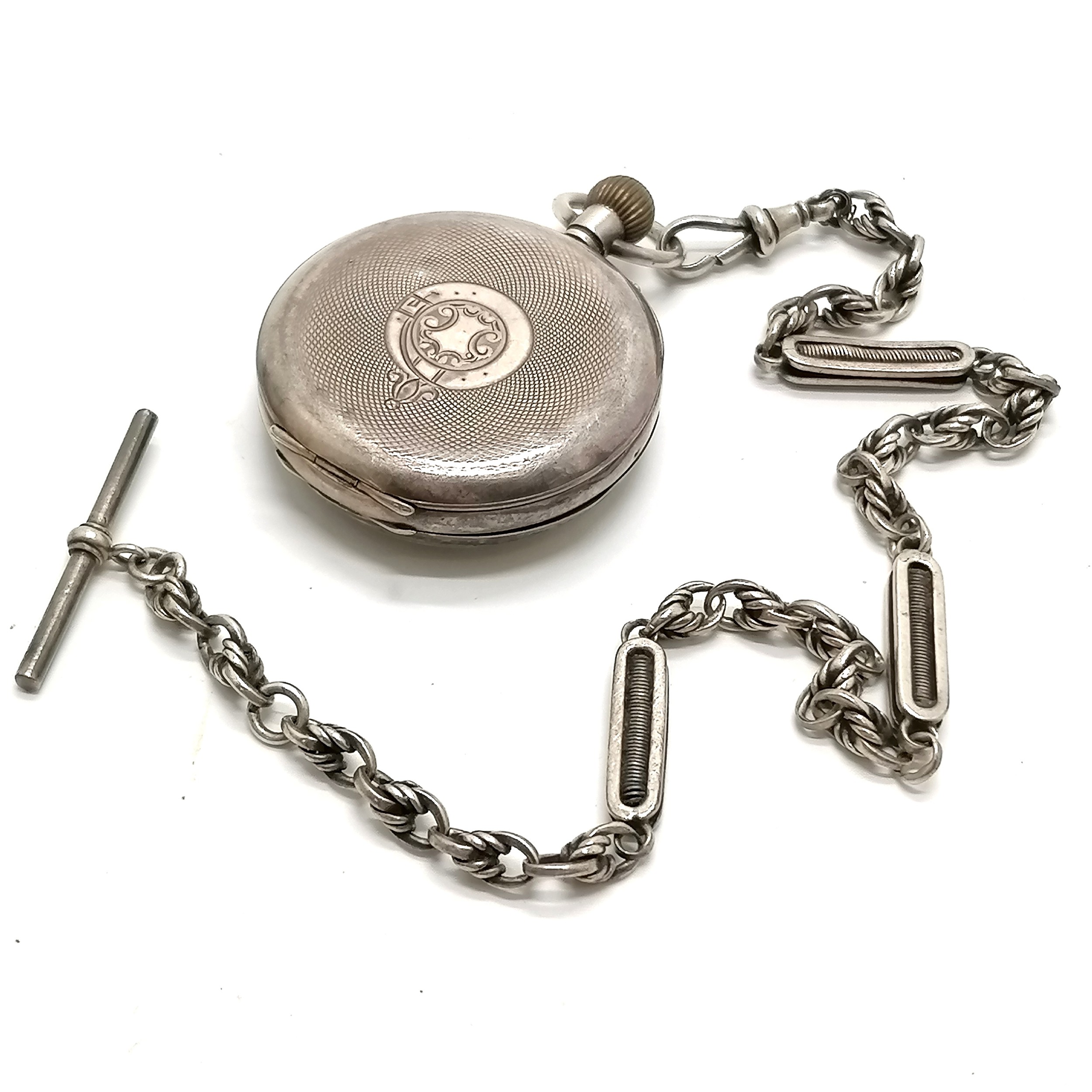 Antique silver cased pocket watch (45mm case) on a silver marked fancy link 34cm albert chain (total - Image 2 of 4