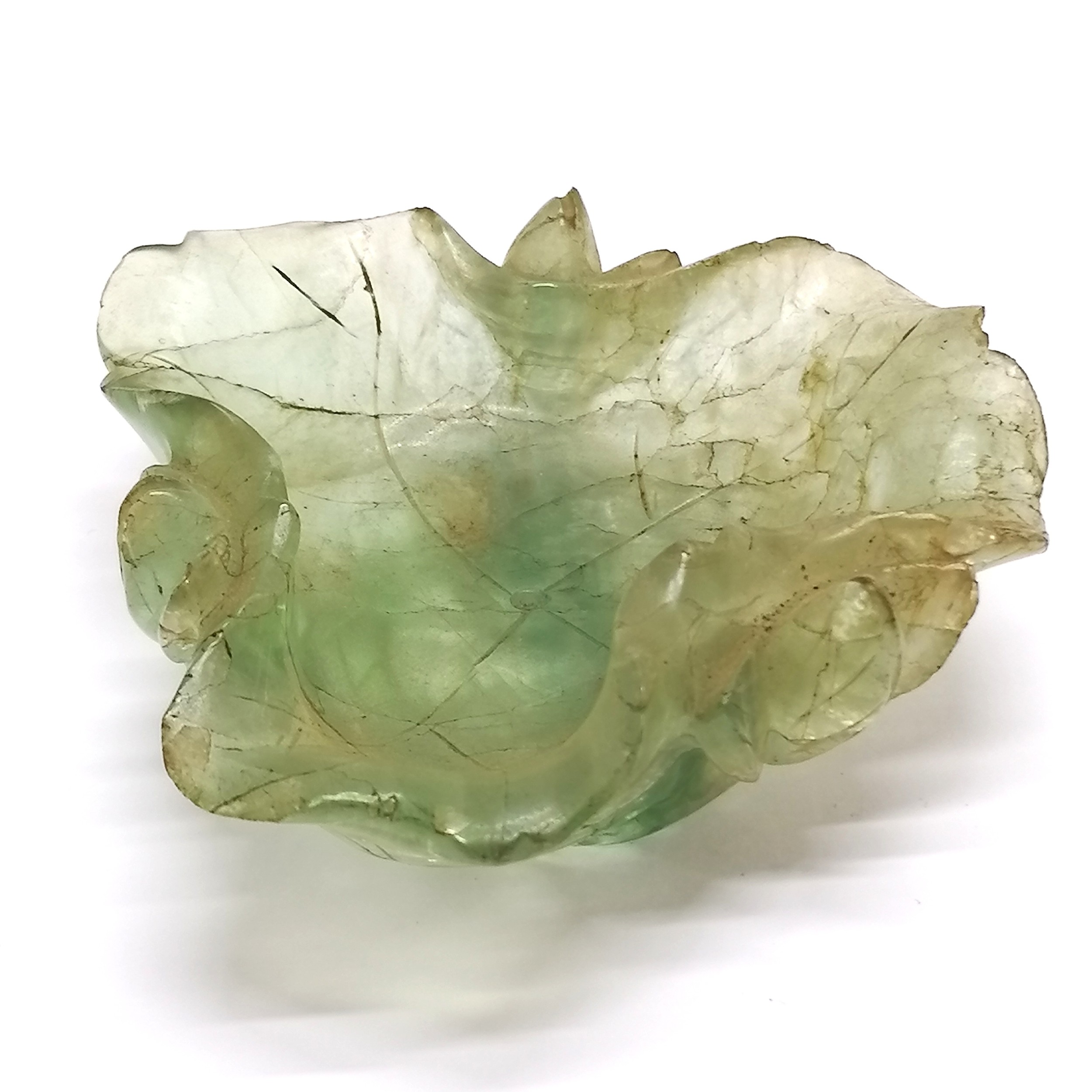 Hand carved Oriental Chinese fluorite brush wash in the shape of a lilypad - 9cm across & has slight - Image 6 of 6