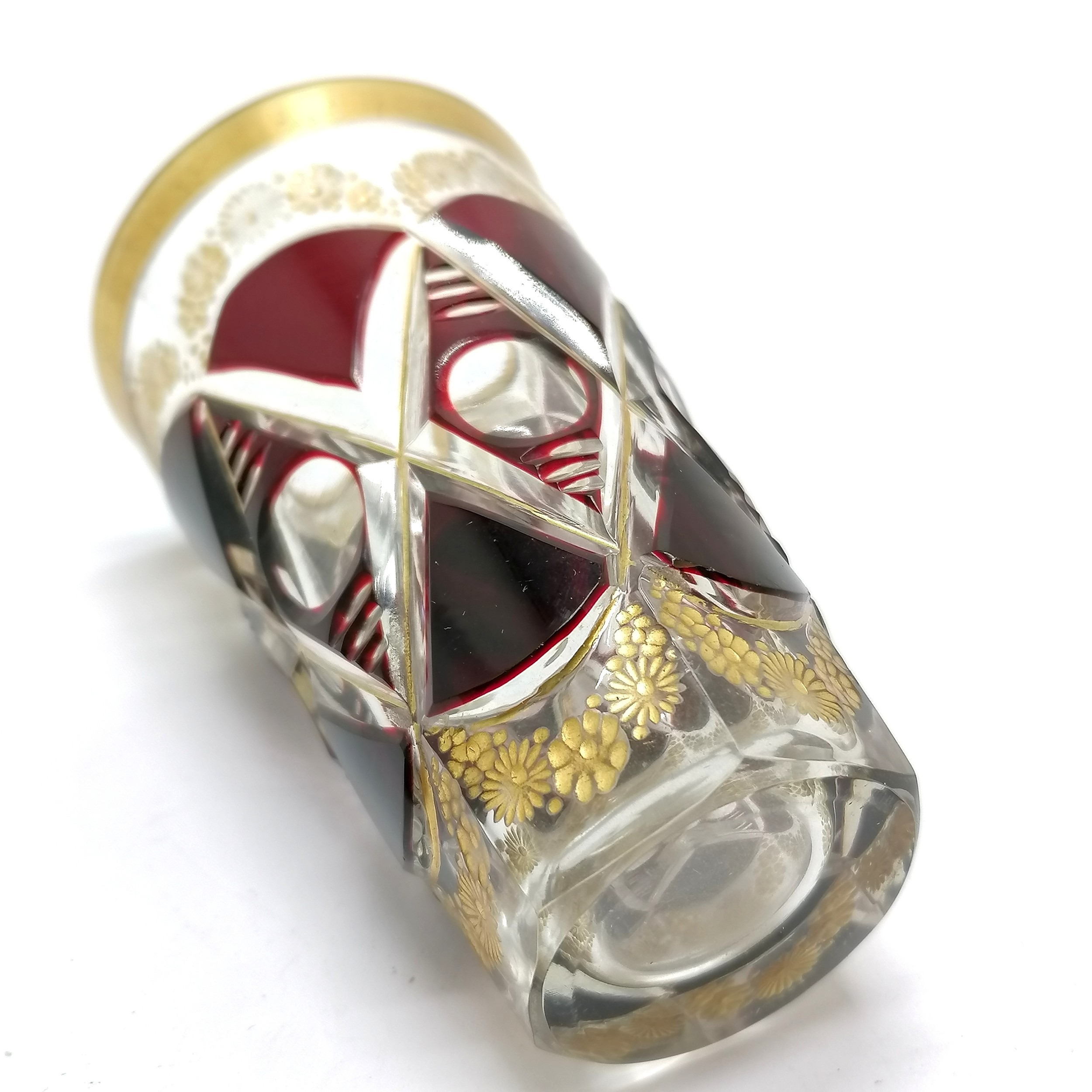 Antique Bohemian overlaid glass tumbler with ruby & gilded detail - 9cm high ~ slight wear to - Image 2 of 2