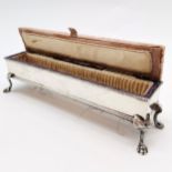 Unusual antique silver plated jewellery box on 4 paw legs with original fabric interior - 26.5cm x