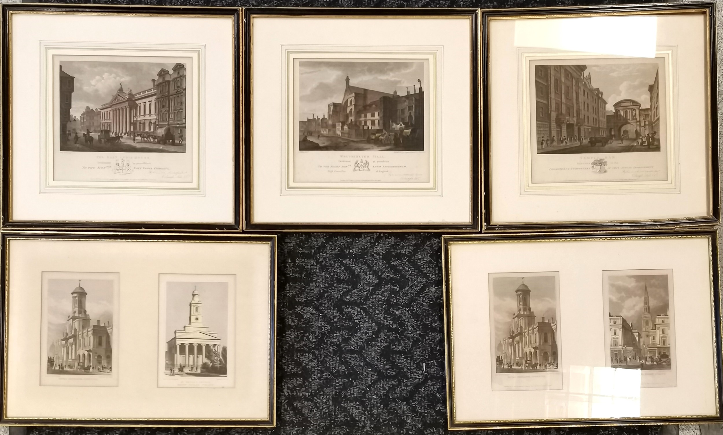 Set of 3 framed engravings of Architectural scenes to include Westminster Hall, Temple Bar & The
