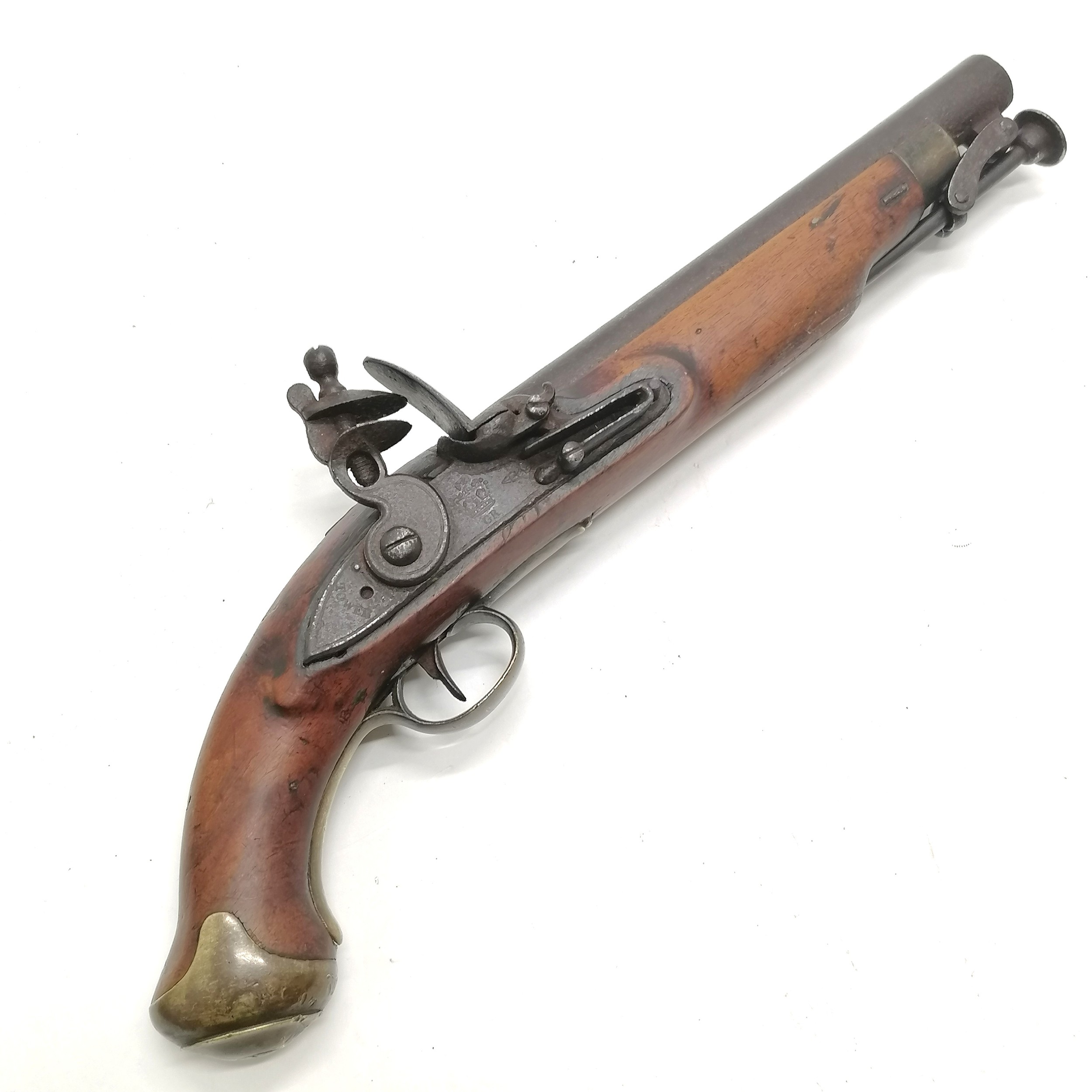 Antique c.1800 tower lock flintlock pistol with GR crown mark and has touchmarks to barrel & stamped