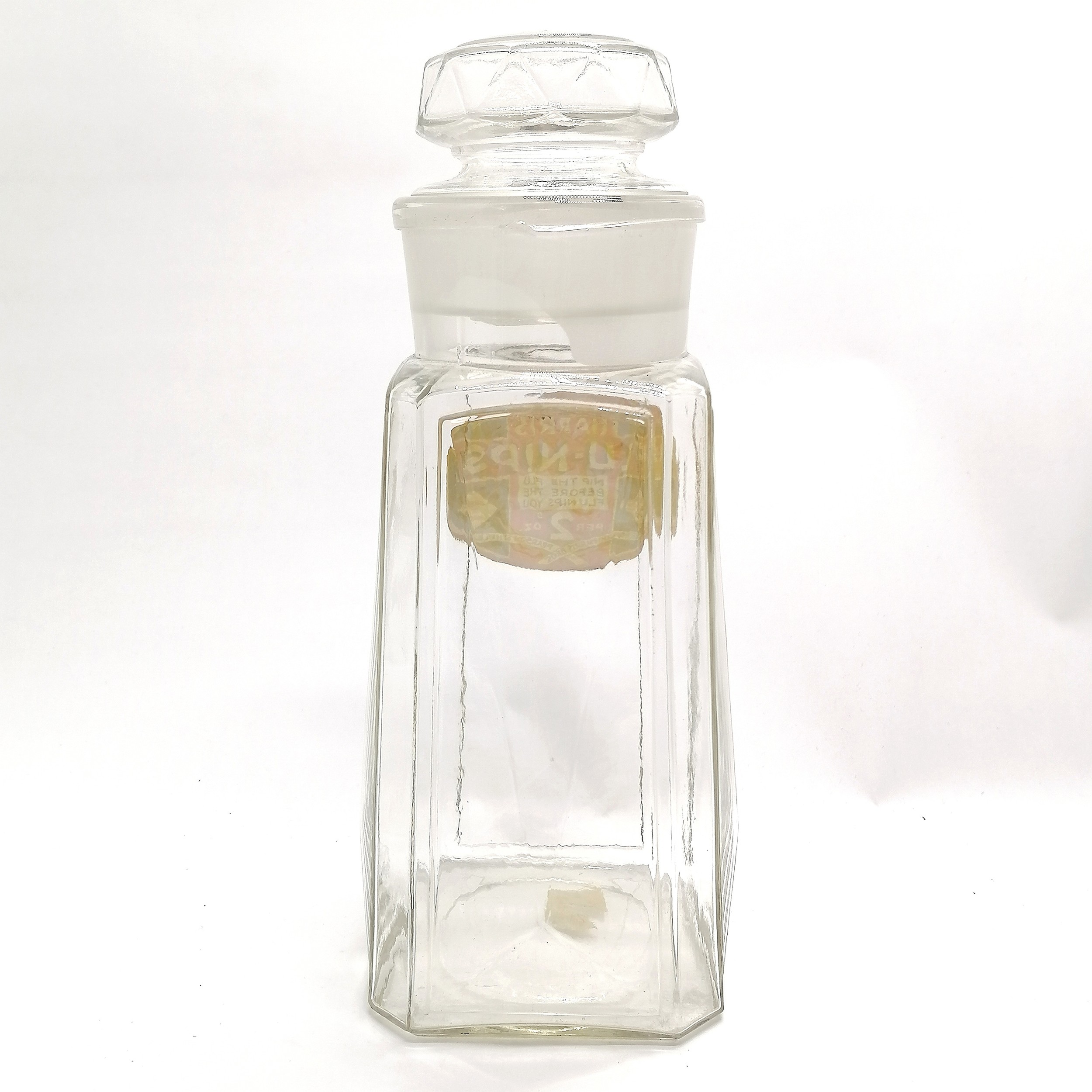 Harris' Flu-nips large glass sweets jar with original bung - 37cm high & small chip to rim otherwise - Image 2 of 6