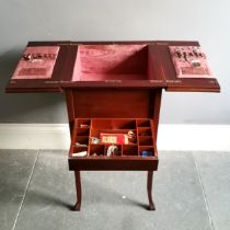 Edwardian mahogany sewing cabinet with original pink silk lining, sprung drawer & double hinged