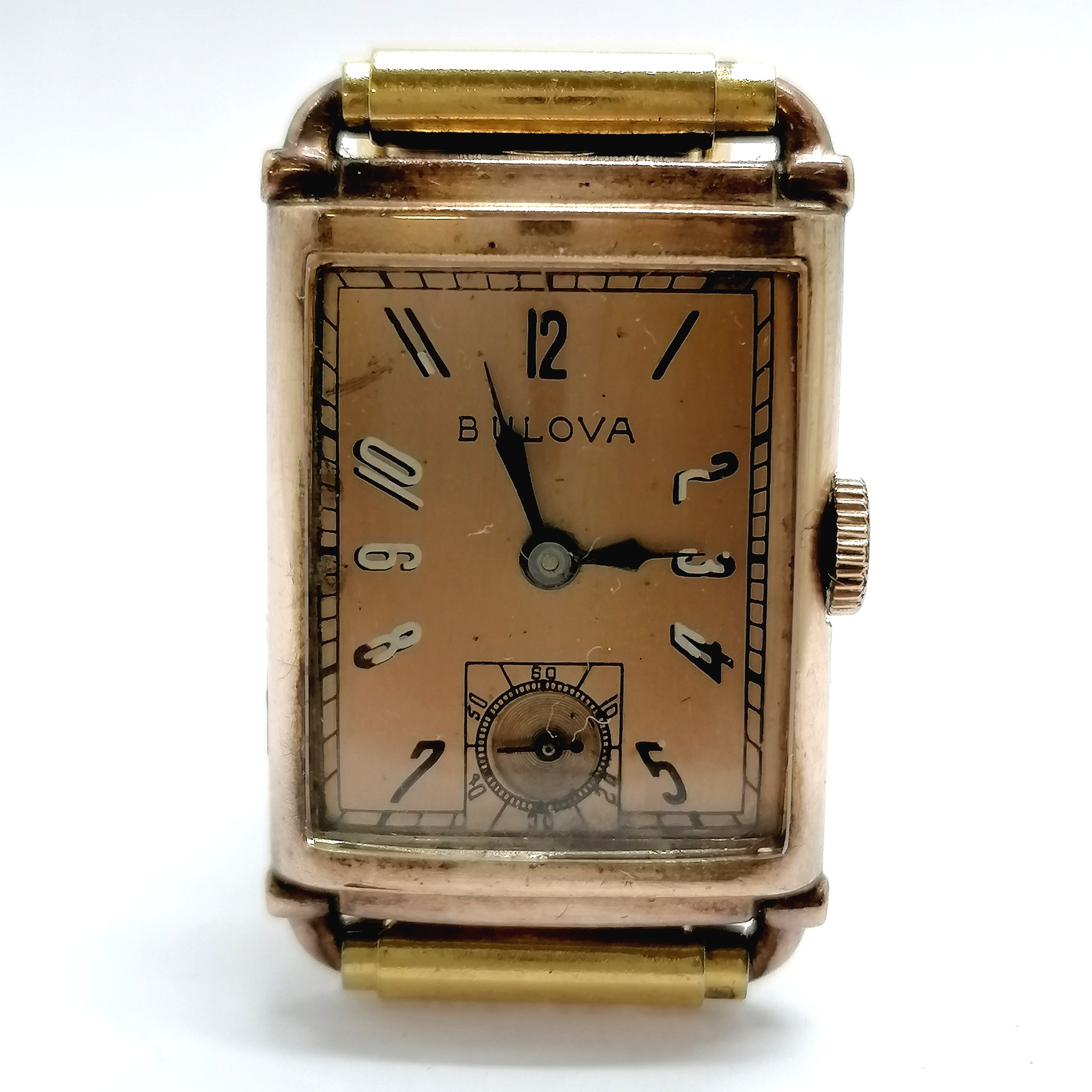 Bulova Art Deco manual wind wristwatch in a 14ct gold filled case on a sprung gold plated bracelet -