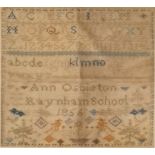 Antique framed needlework Alphabet sampler by Ann Osbiston, Raynham School 1856, 43cm square,