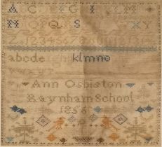 Antique framed needlework Alphabet sampler by Ann Osbiston, Raynham School 1856, 43cm square,