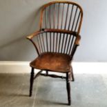 Antique Windsor Elm bow back carver chair, 57cm wide x 42cm deep x 105cm high, split to seat and has