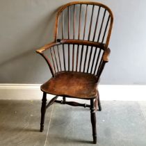 Antique Windsor Elm bow back carver chair, 57cm wide x 42cm deep x 105cm high, split to seat and has