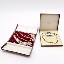 Qty of boxed pearl & bead necklaces - black bead set & 1 pearl bracelet have gold clasps