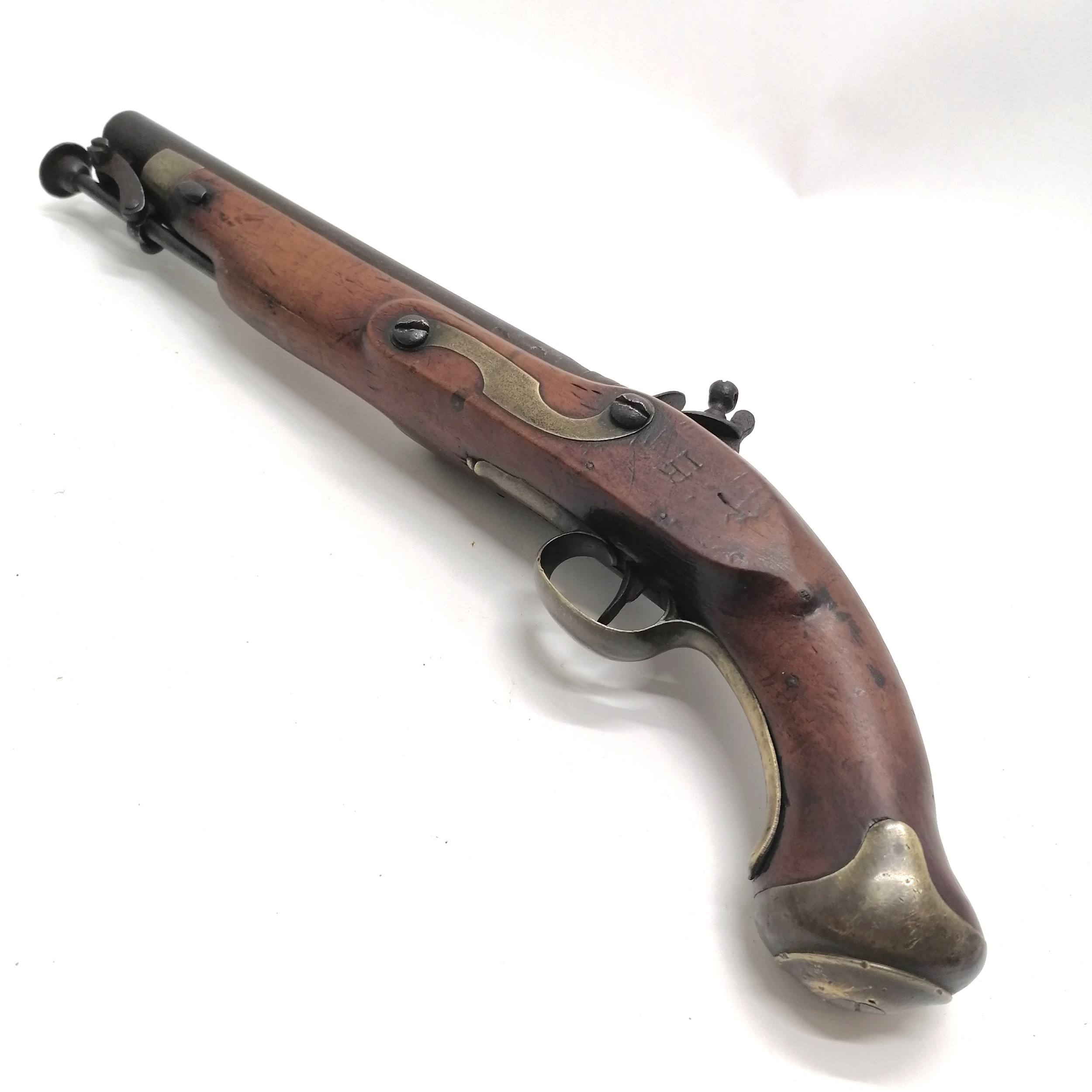 Antique c.1800 tower lock flintlock pistol with GR crown mark and has touchmarks to barrel & stamped - Image 6 of 11