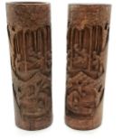 Pair of antique bamboo carved vases 34cm high - some small splits and discolouration to the surface
