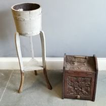 Hand carved Art Nouveau oak coalbox with brass handle to top - 38cm high x 45cm x 34cm t/w barrel