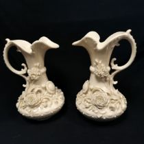 Belleek antique pair of ewers with encrusted decoration - 24cm high ~ slight losses to encrusted