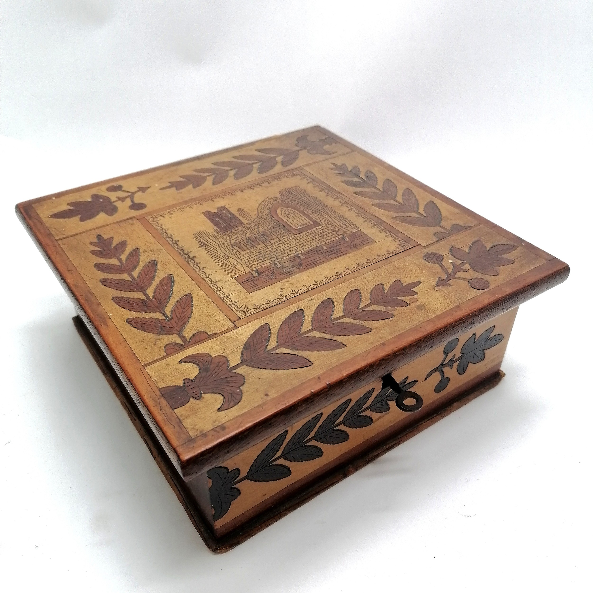 Antique Irish Killarney ware box with parquetry detail of an abbey / church with oak leaf detail and - Image 4 of 4