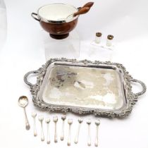 Antique silver plated tray with 2 handles, embossed border & engraved detail - 66cm x 39cm (has