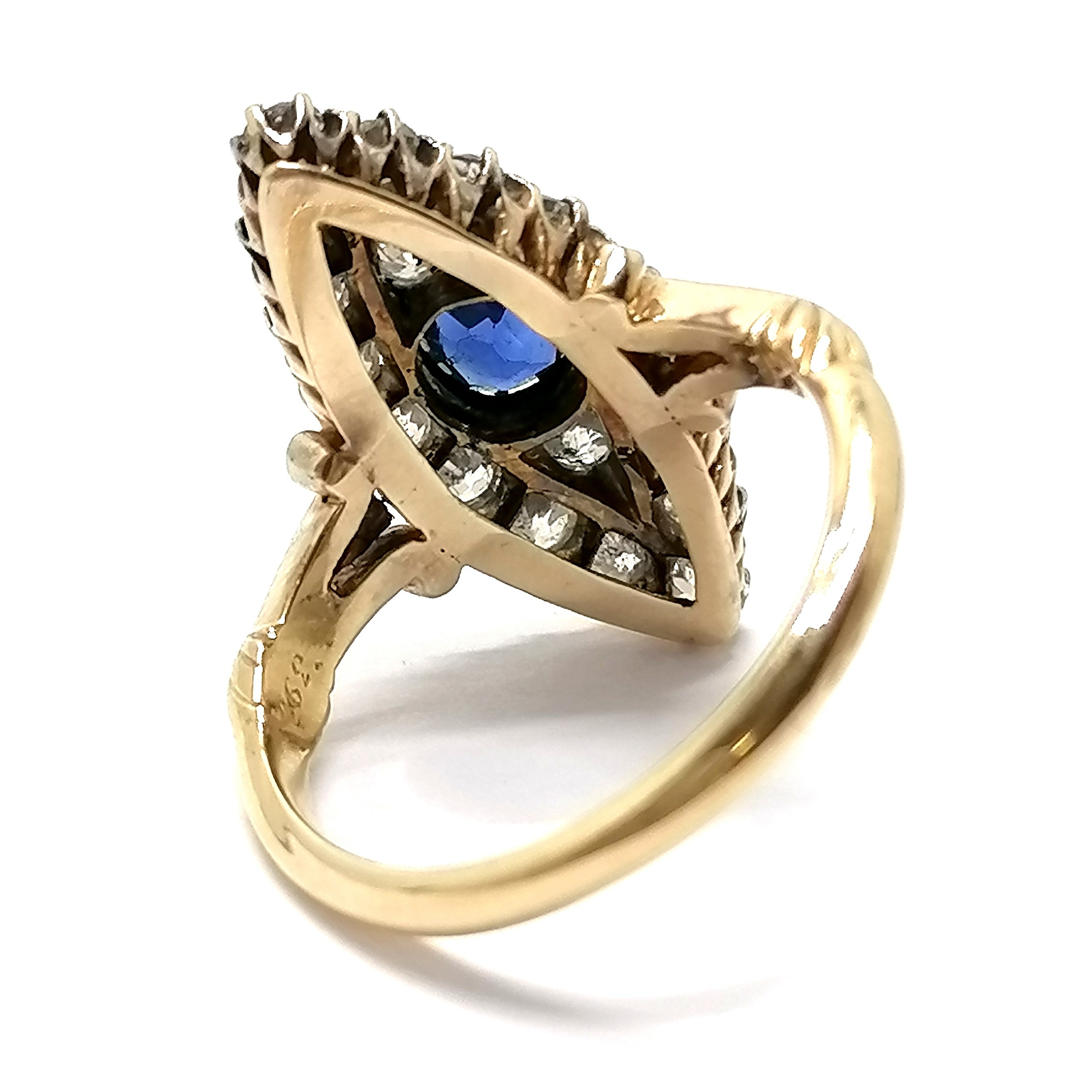 Antique 18ct marked gold sapphire & diamond cluster ring with marquise shaped head - size N & 5.3g - Image 2 of 3