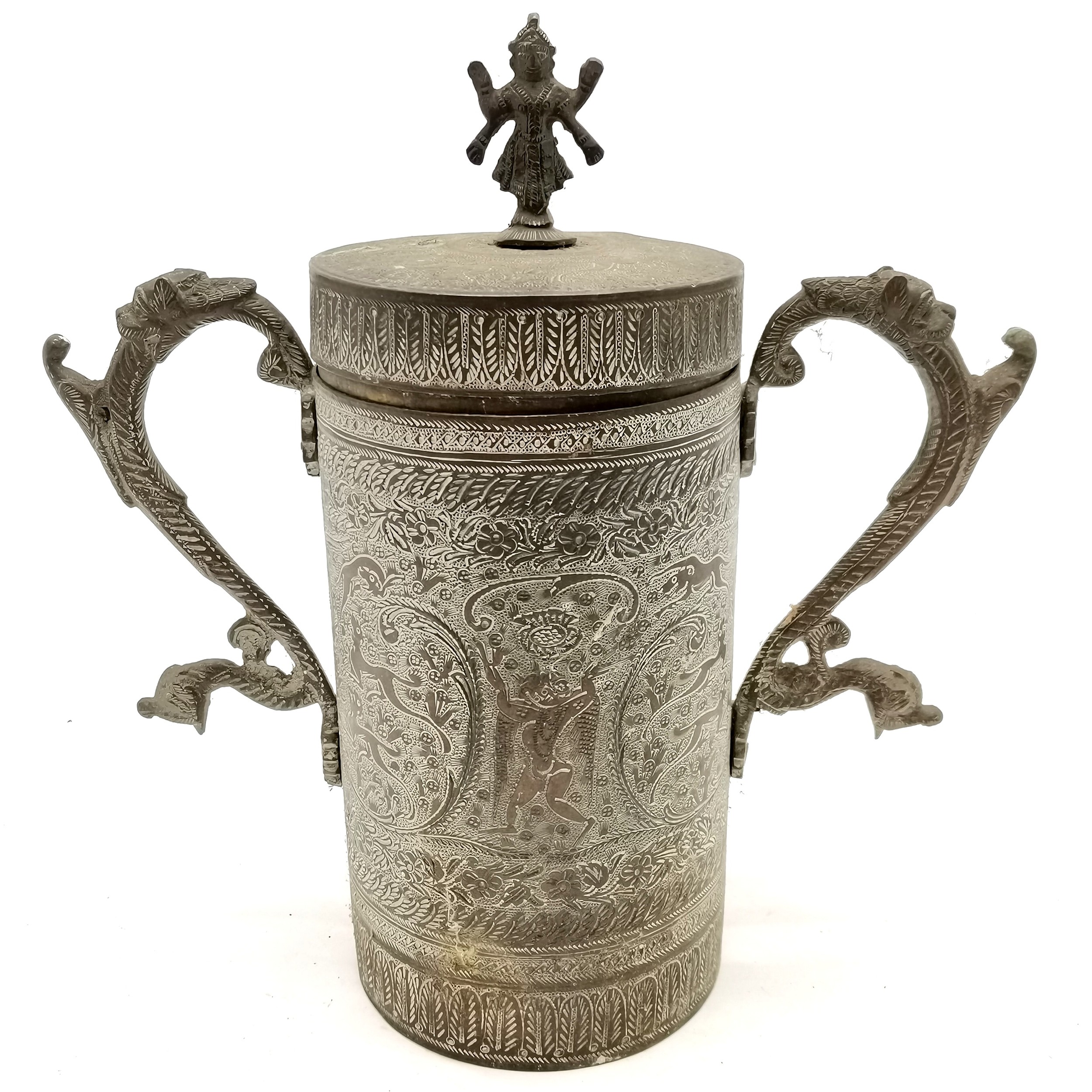 Vintage Indian brass 2 handled cylindrical vessel with lid adorned with deity finial and has - Image 3 of 3