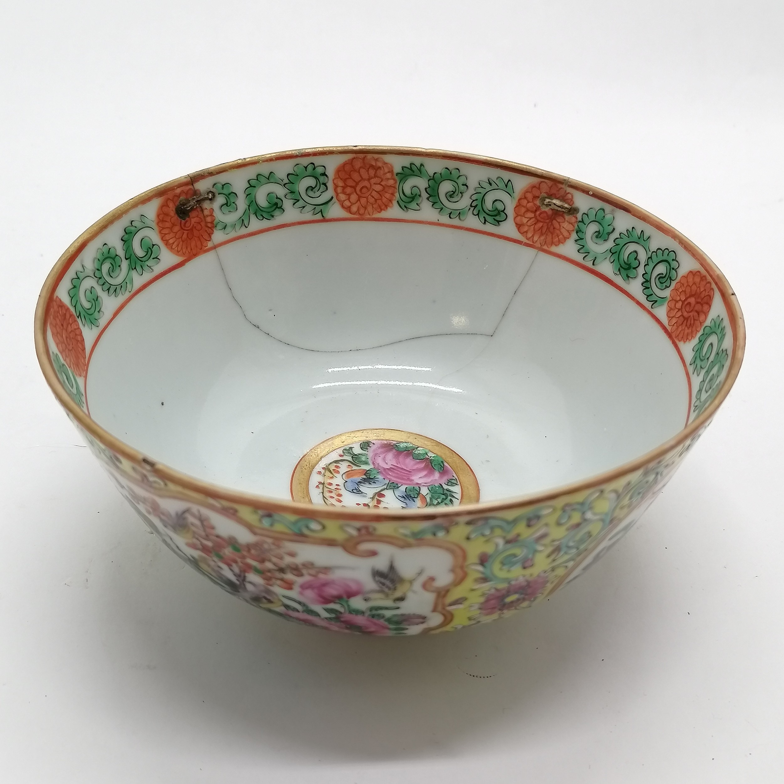 Antique Chinese famille rose bowl - yellow grounded with profuse floral & butterfly & bird (inc - Image 10 of 10