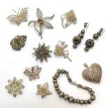 Qty of silver filigree & ethnic jewellery inc butterfly brooches, heart pendant (5cm drop) etc (some