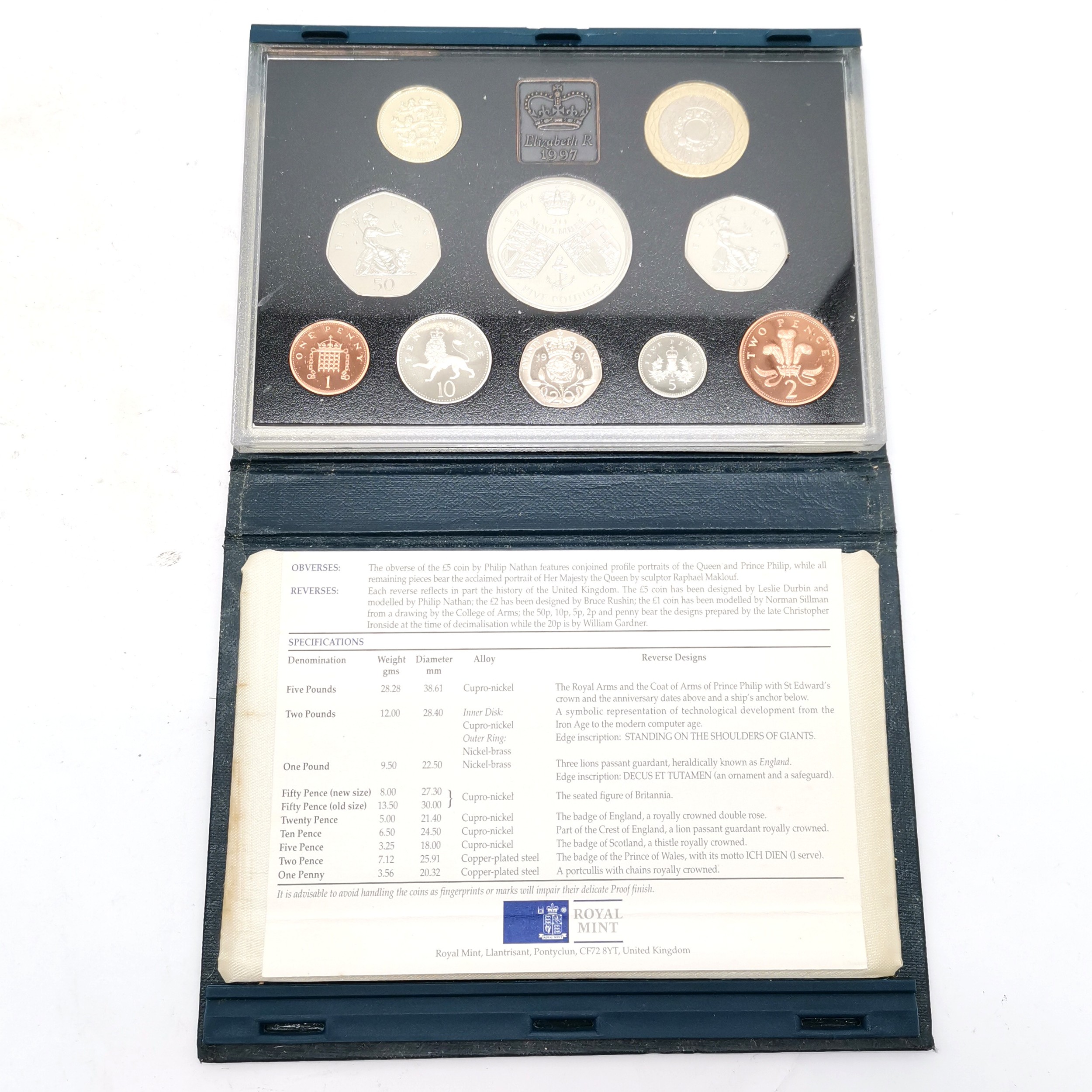 1997 UK proof coin collection - 10 coins 1p to £5 ~ case has signs of wear