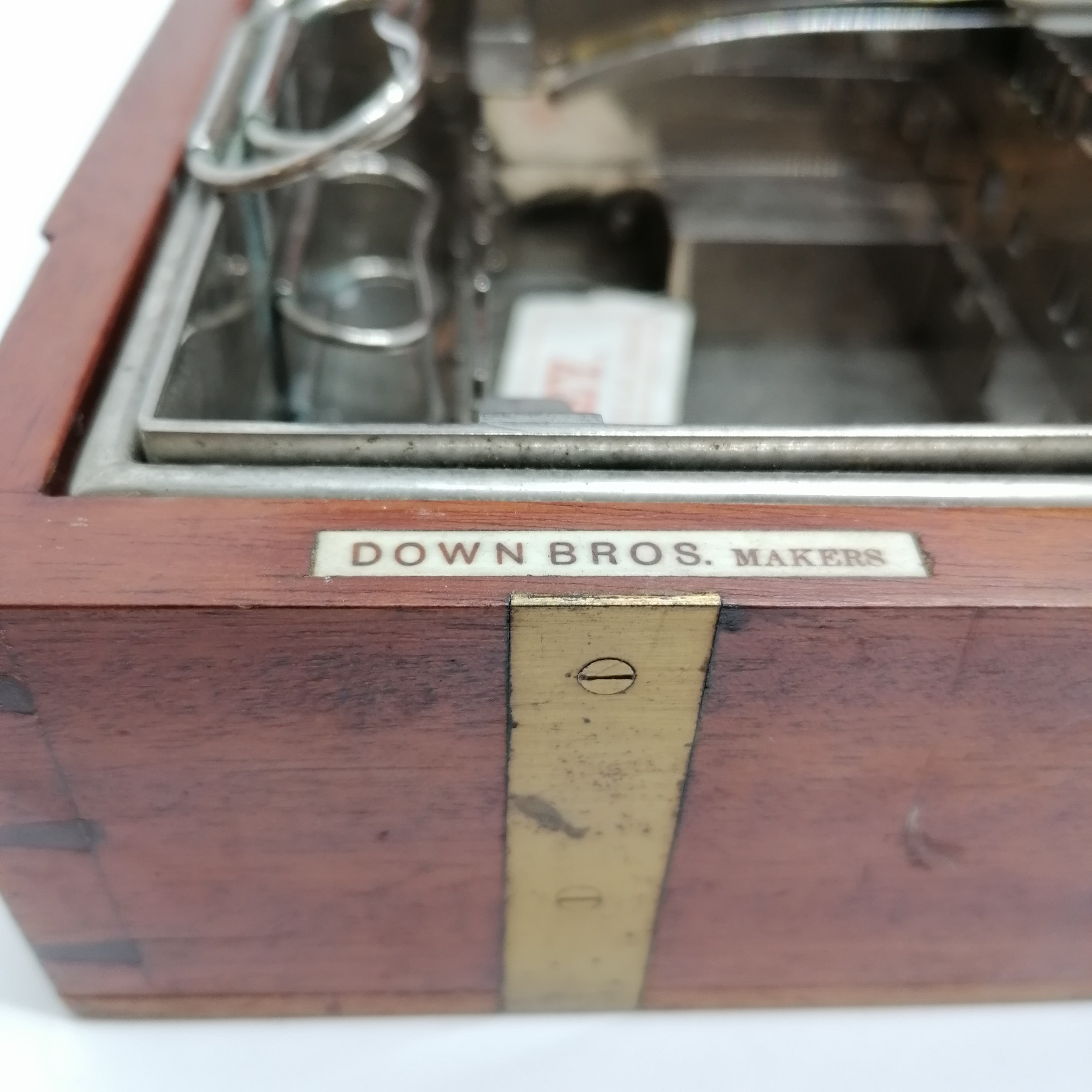 Antique mahogany & brass bounded medical box by Down Brothers (opposite Guys Hospital) with life out - Image 6 of 8